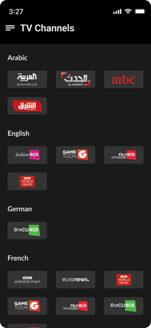 The hospitality app: TV channel list grouped by language