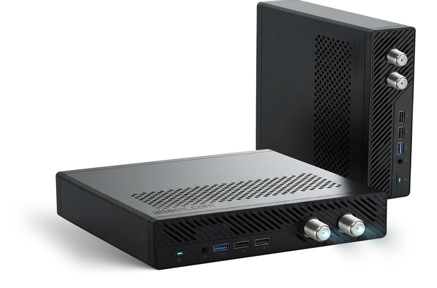 The Cable TV / IPTV Pro Box standing and lying flat, with its two RF coaxial connectors, USB ports and audio jack
