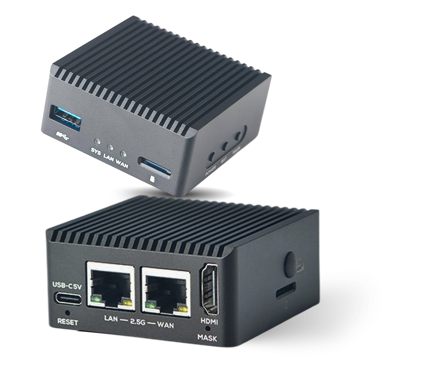 The IPTV / HDMI Box seen from the front and the back, with its HDMI output, 2.5G LAN and WAN ports and USB-C power input